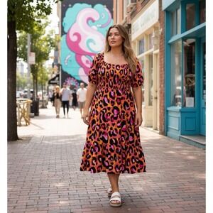 NWT Proud Poppy X Kacey Rainbow Leopard Print Smocked Midi Dress Size 16